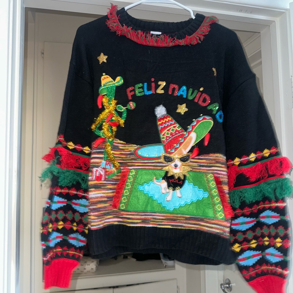 Festive Black Christmas Sweater with Colorful Embellishments
